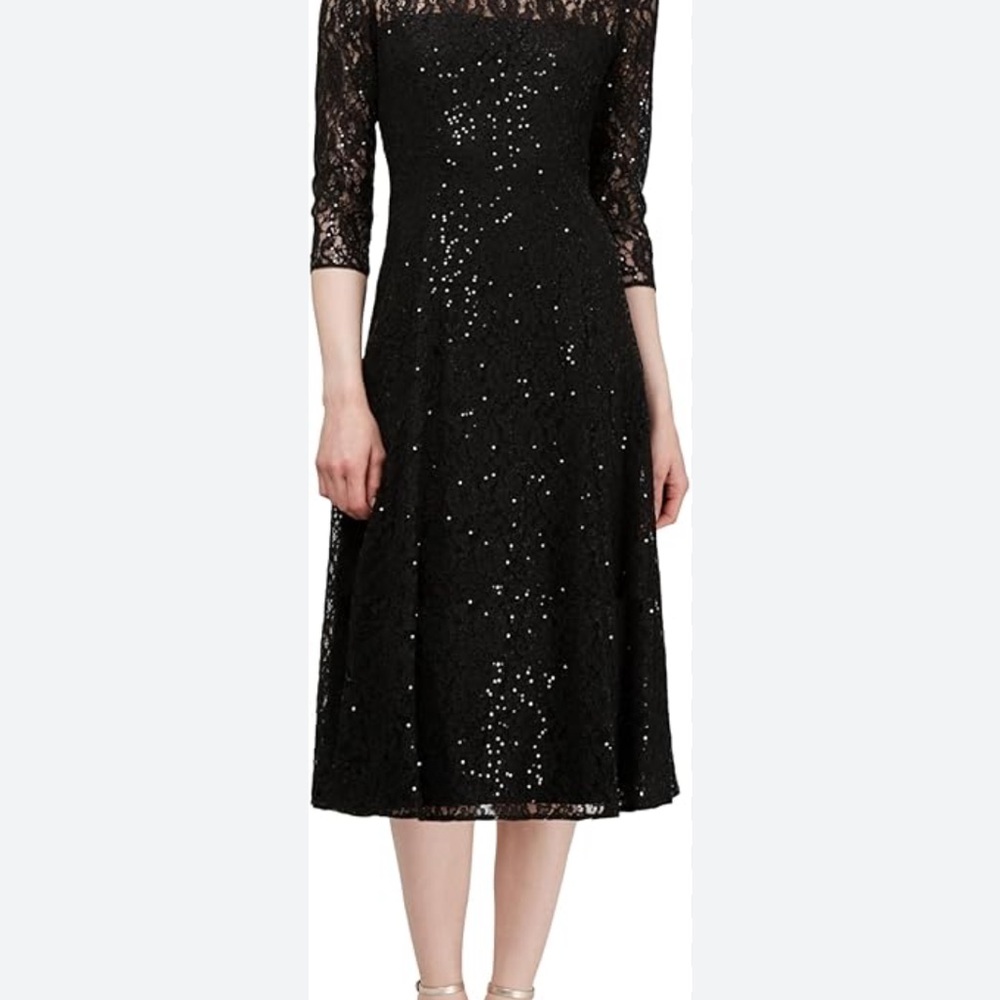 SLNY Chic Black Sequin Lace Cocktail Dress